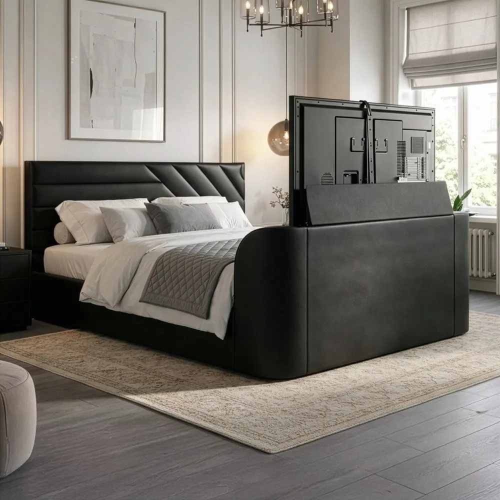 Chicago - Double - Ottoman Storage TV Bed - Black - PU Leather - 4ft6 - Happy Beds 1