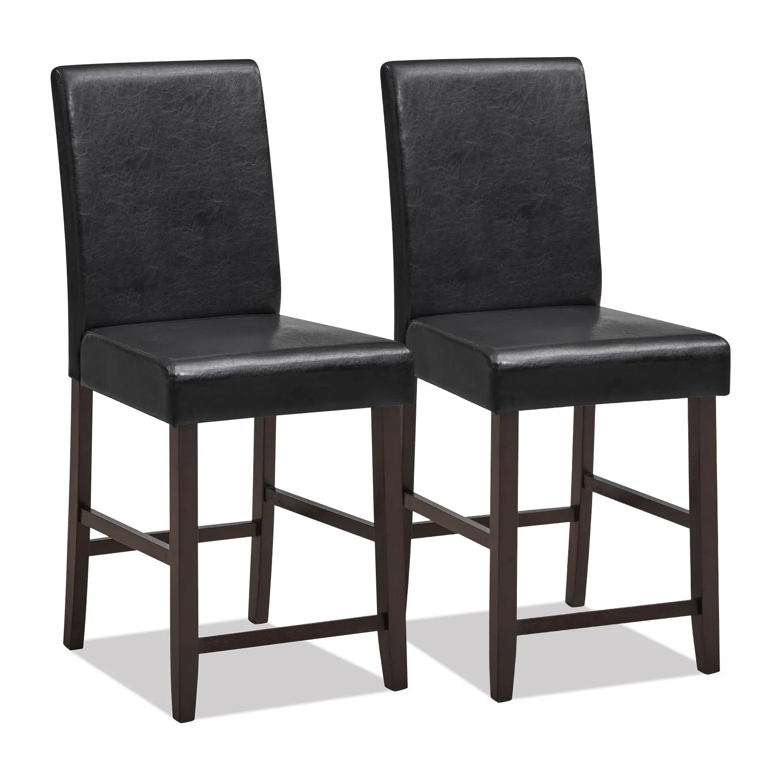 Costway 61cm Bar Stool Set of 2 PU Upholstered Counter Bar Chairs with Solid Rubber Wood Legs & Ergonomic Back in Black