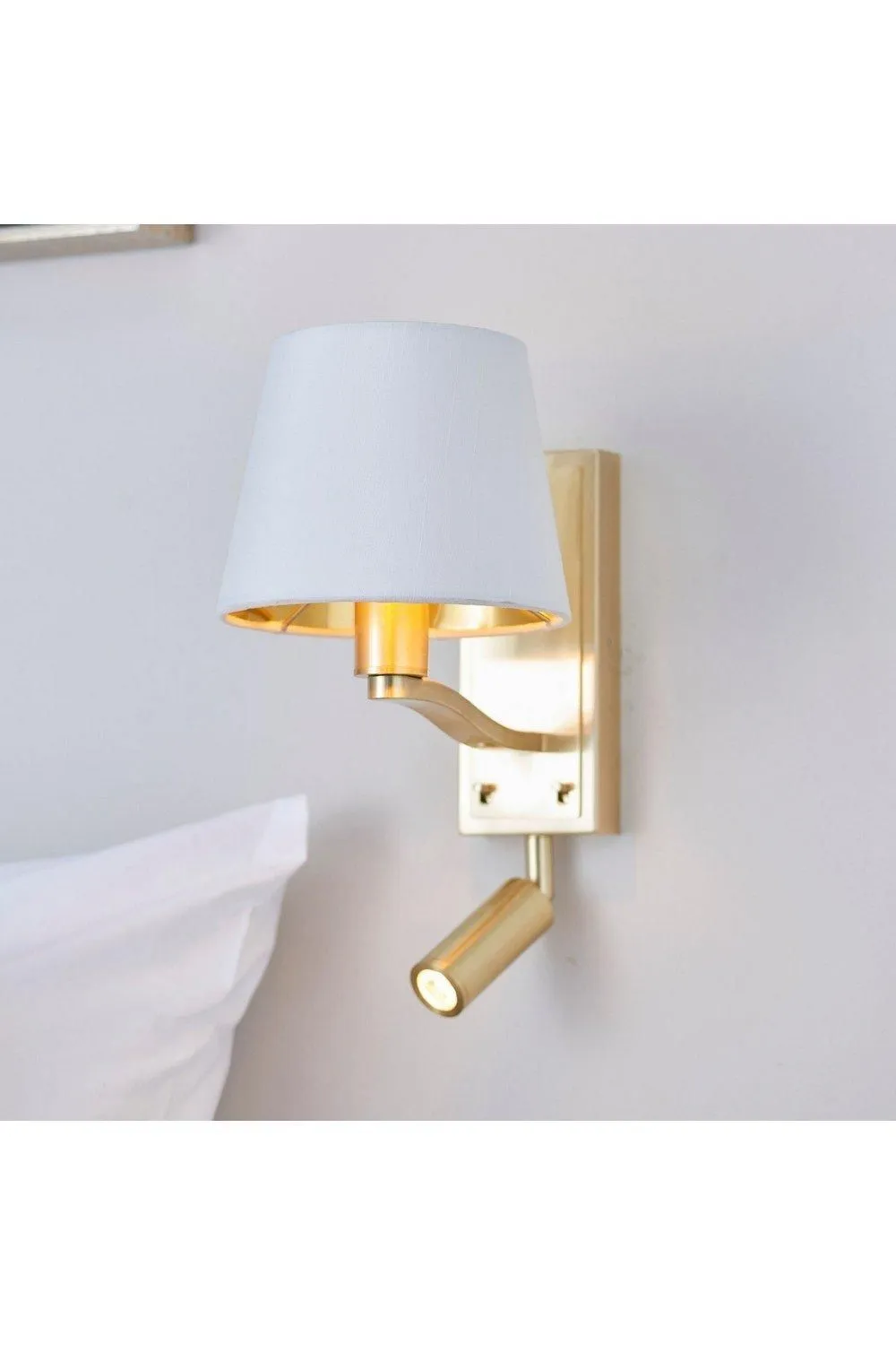 Netlighting Harvey 1 Light Indoor Wall Light Satin Brushed Gold Vintage White Faux Silk E14 2