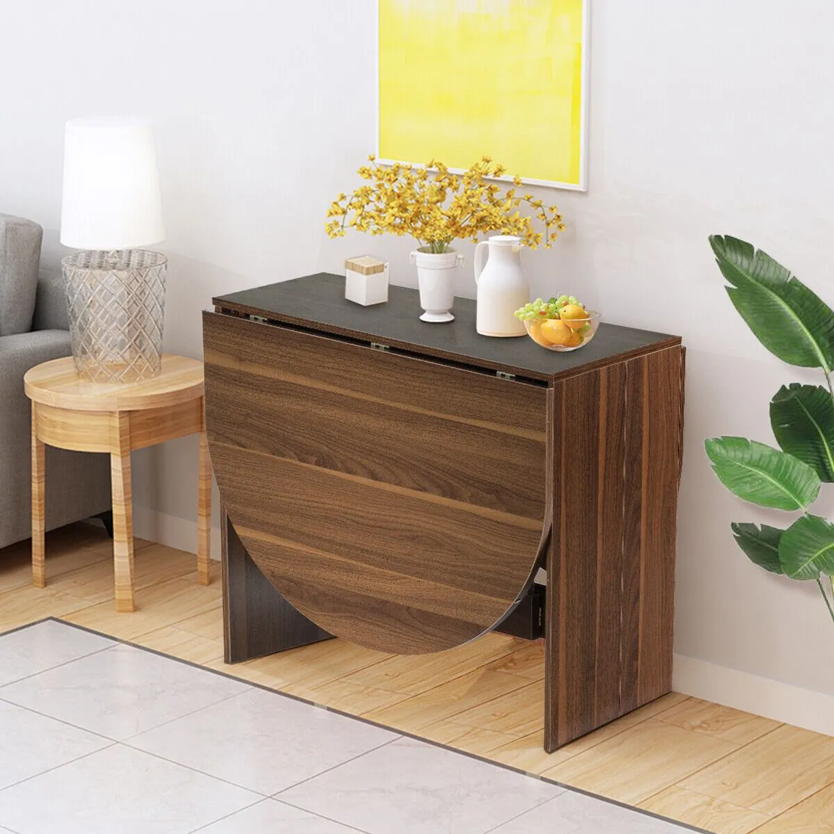 Costway 3in1 Folding Dining Coffee Table Drop Leaf Table Writing Desk for 4 to 6 People in Brown 6