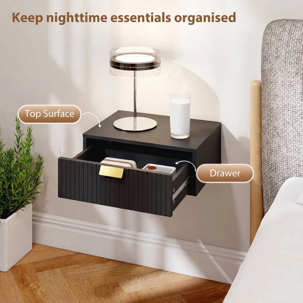 HOMCOM Floating Nightstands Set of 2 Bedside Tables w/ Wave Drawer in Black 6