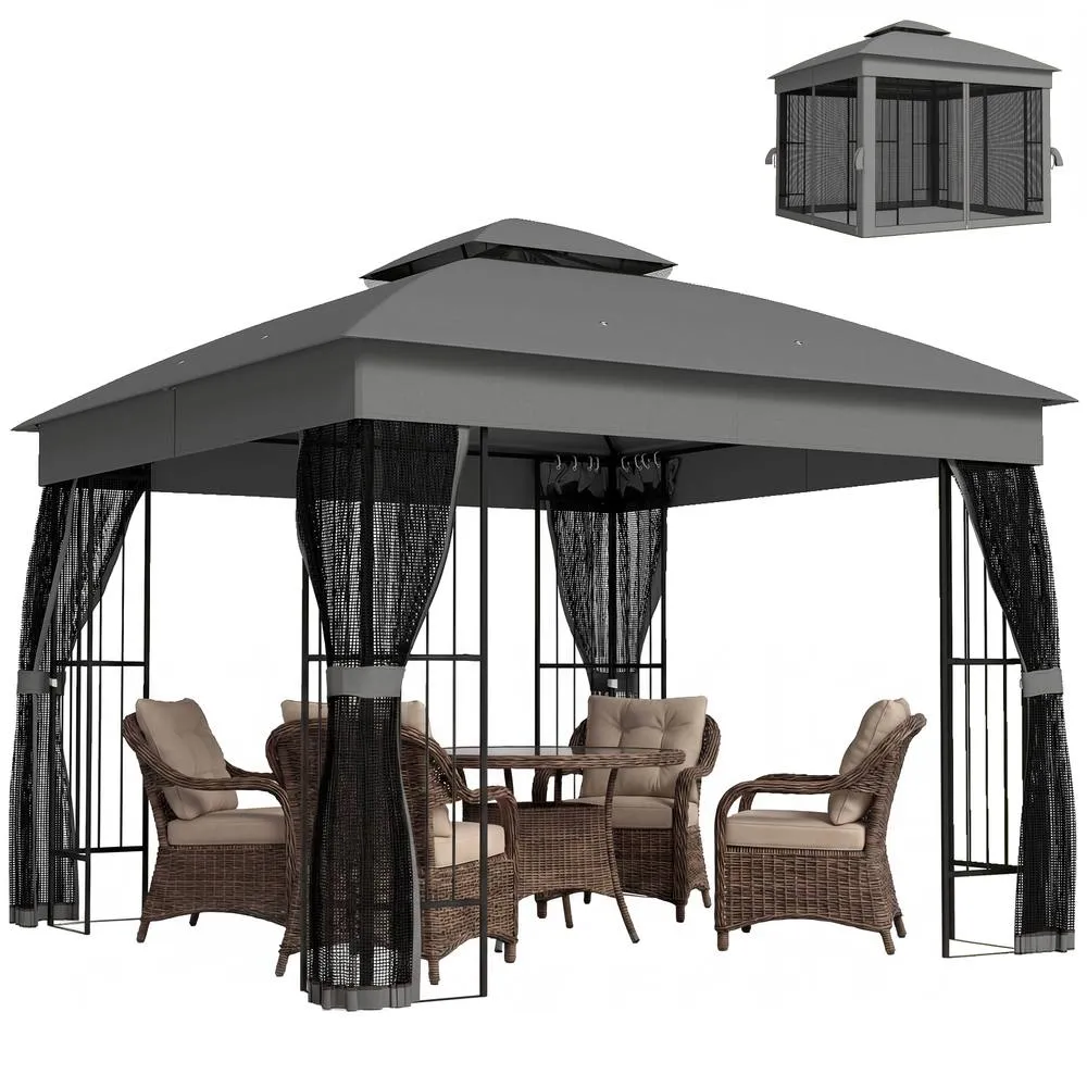 OUTSUNNY 3 x 3 m Garden Gazebo with Shelves, UPF50+ Permanent Gazebo in Grey 2