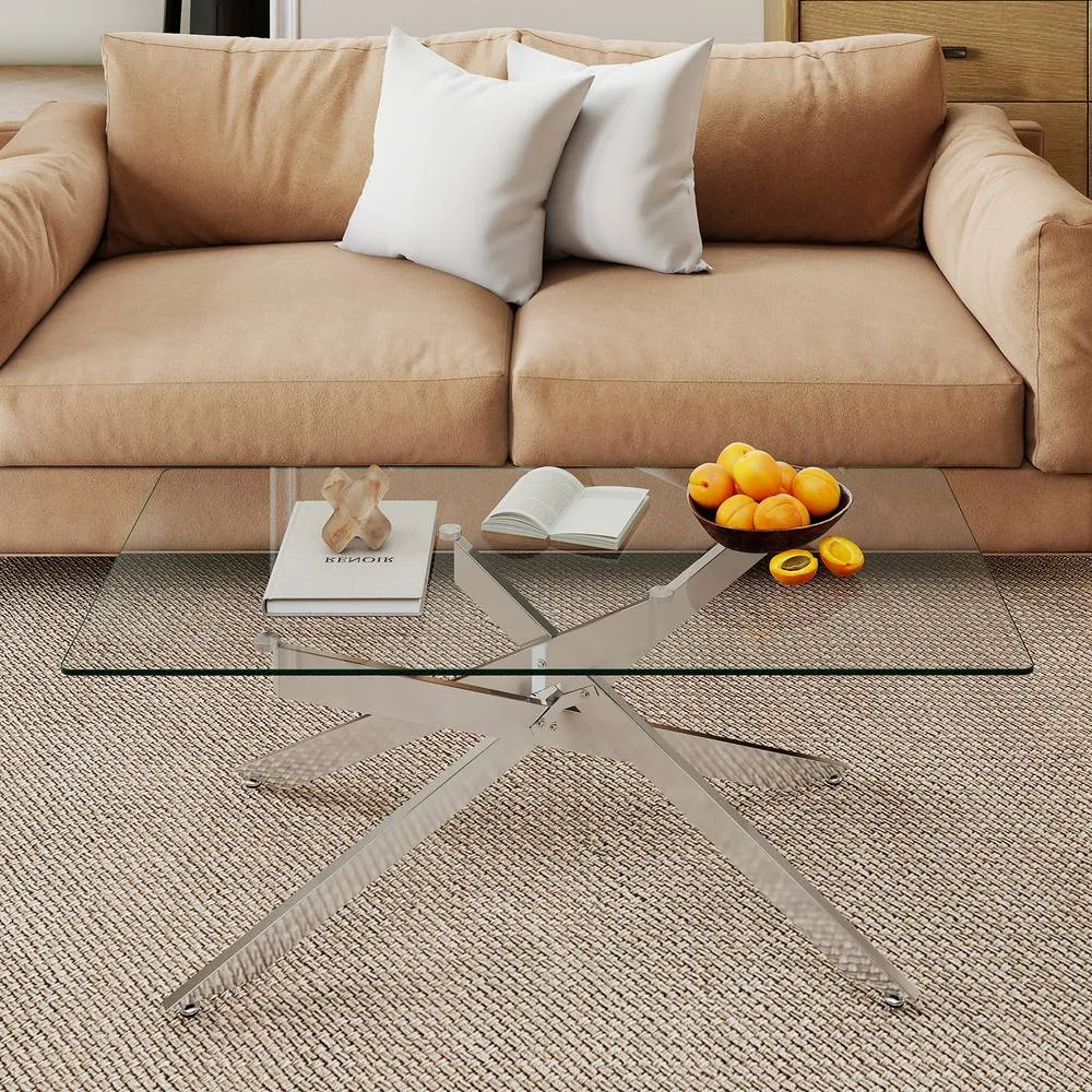 Costway Modern Glass Coffee Table Rectangle Center Cocktail Table Side Table in Silver 3