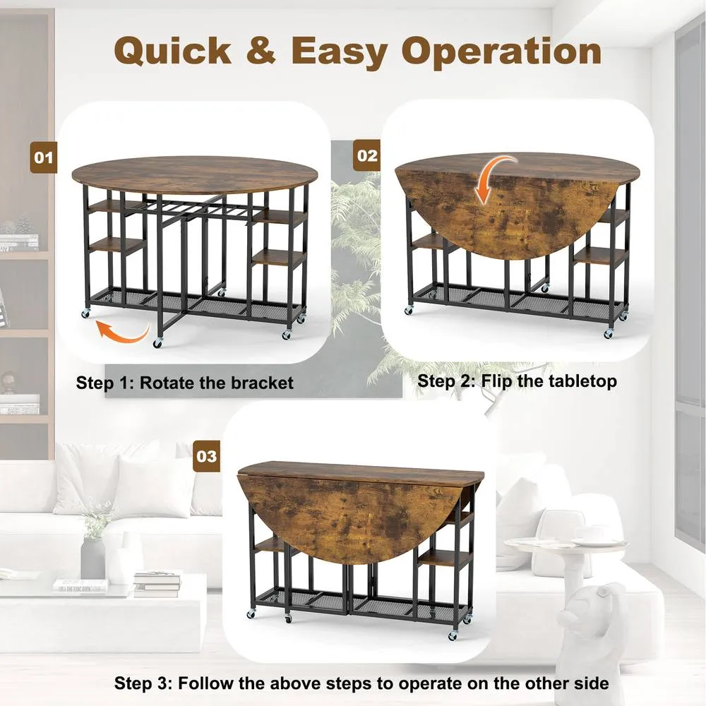Costway 3-Piece Folding Dining Table Set Round Kitchen Table Set-Brown in Brown 3