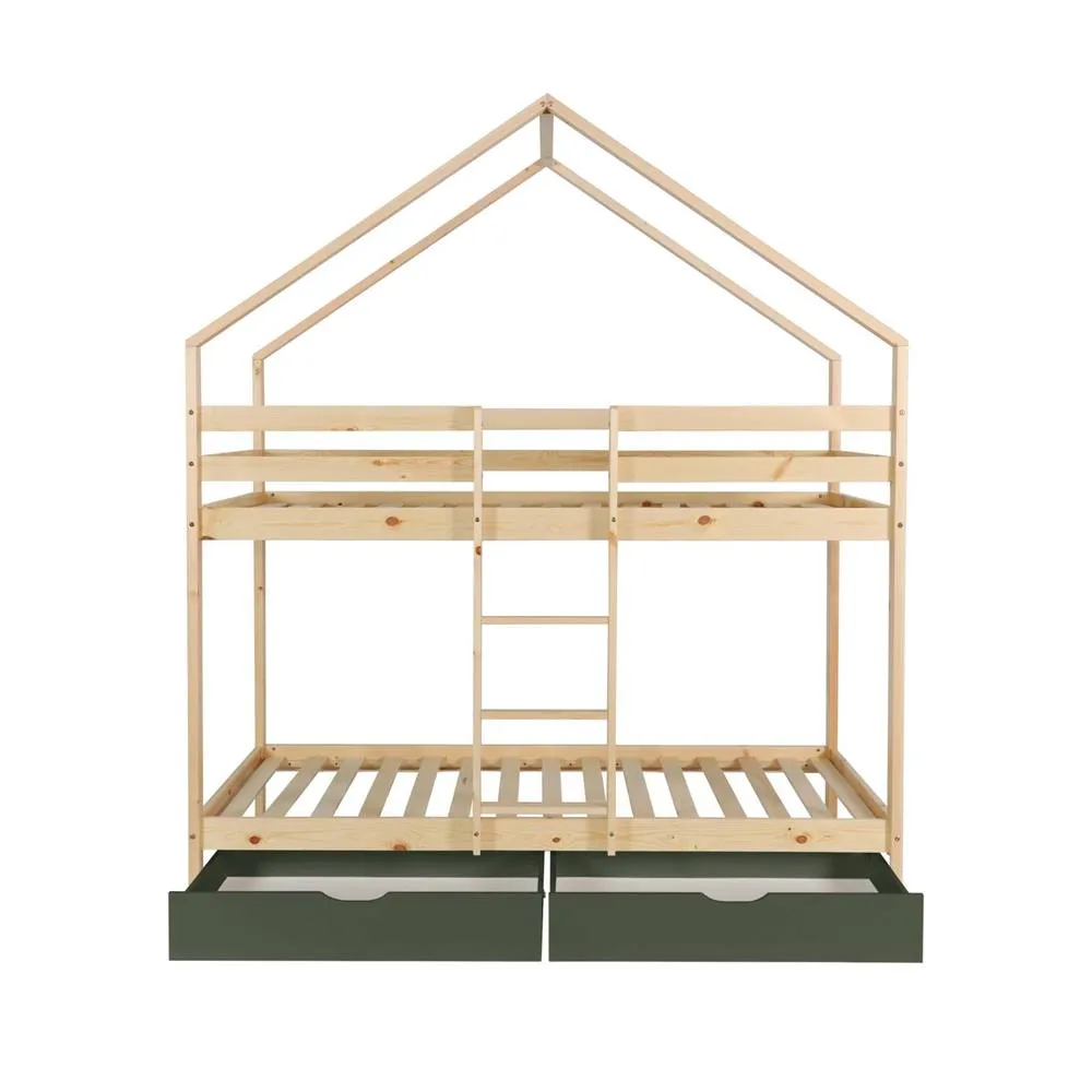 sweeek Children's bunk bed cabin 90 x 190 cm natural pine with storage in Green 6