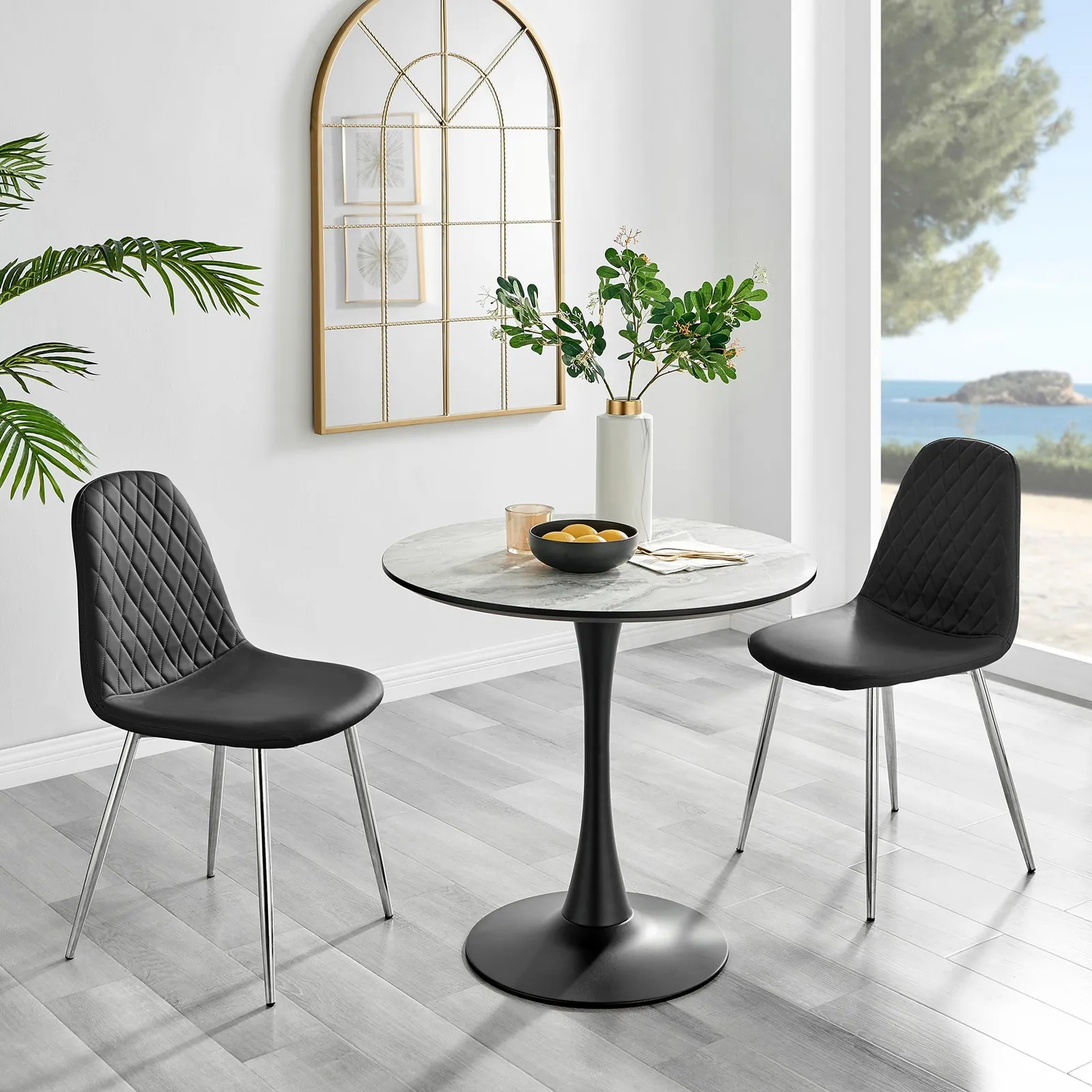 FurnitureboxUK Elina White Marble Effect Scratch Resistant Dining Table & 2 Corona Silver Chairs in Black 1