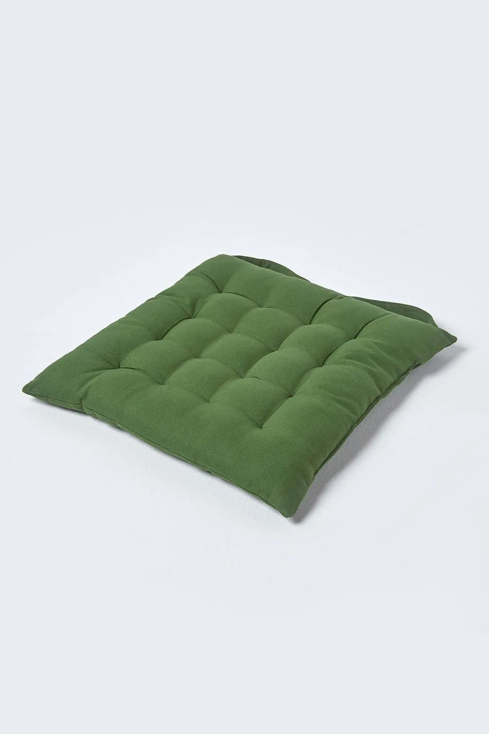 Homescapes Seat Pad Luxury 100% Cotton Indoor Outdoor Garden Cushion, Button Tie, 40cm in Dark Olive 1