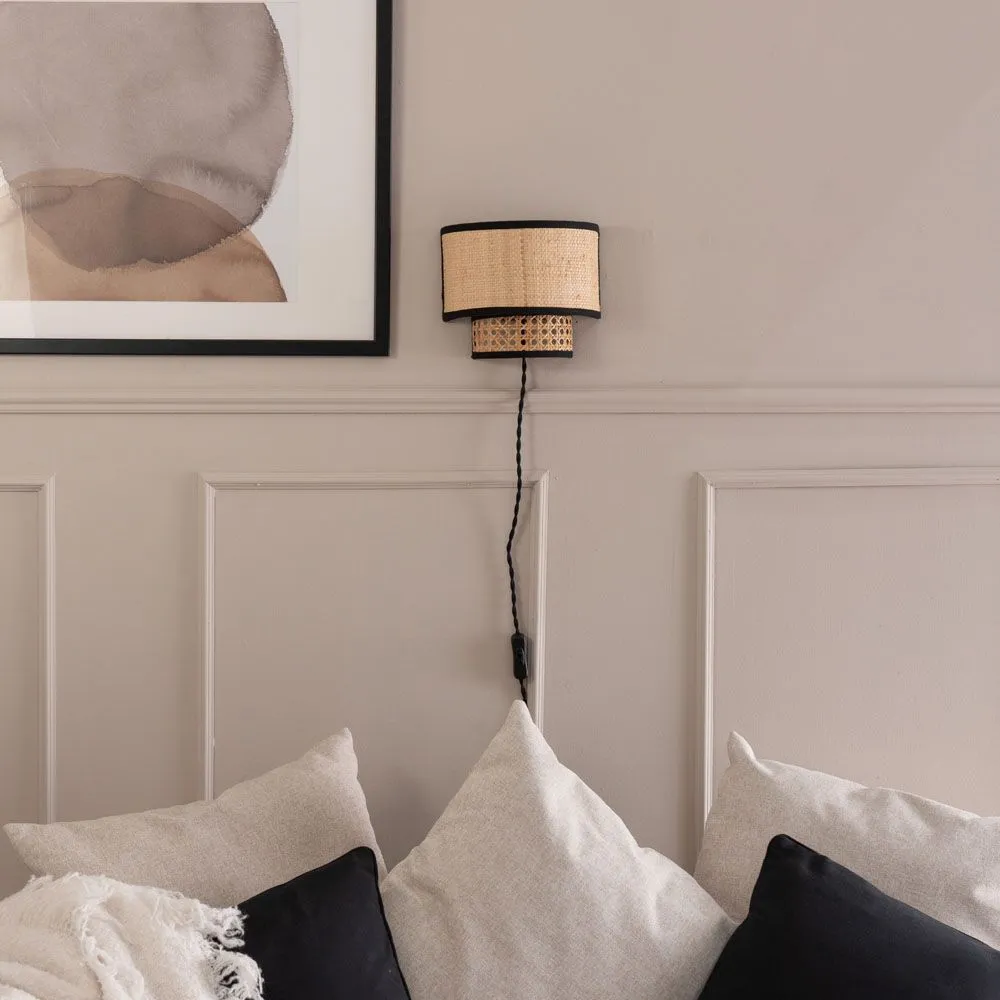 ValueLights Plug In Easy Fit Natural Rattan Wall Light in Brown