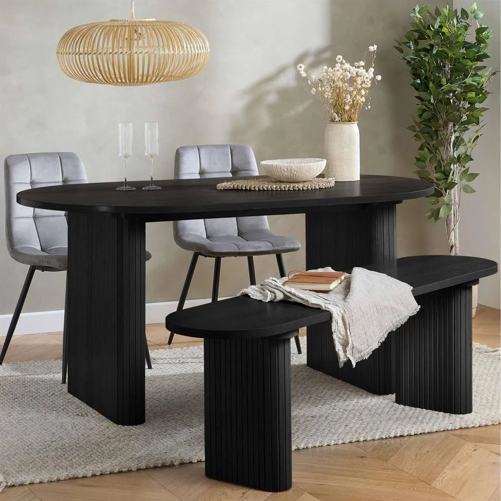 Birlea Axel Oval Fluted Dining Table With 2 Chairs & Bench in Black