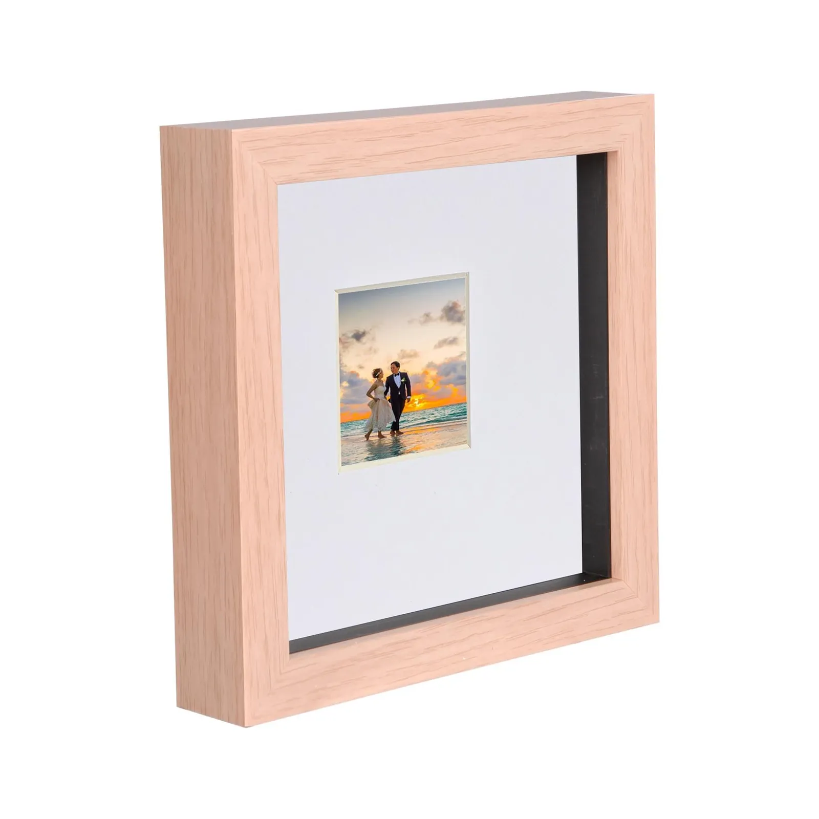 Nicola Spring 6" x 6" 3D Box Photo Frame - 2" x 2" Mount - Light Brown in White 1