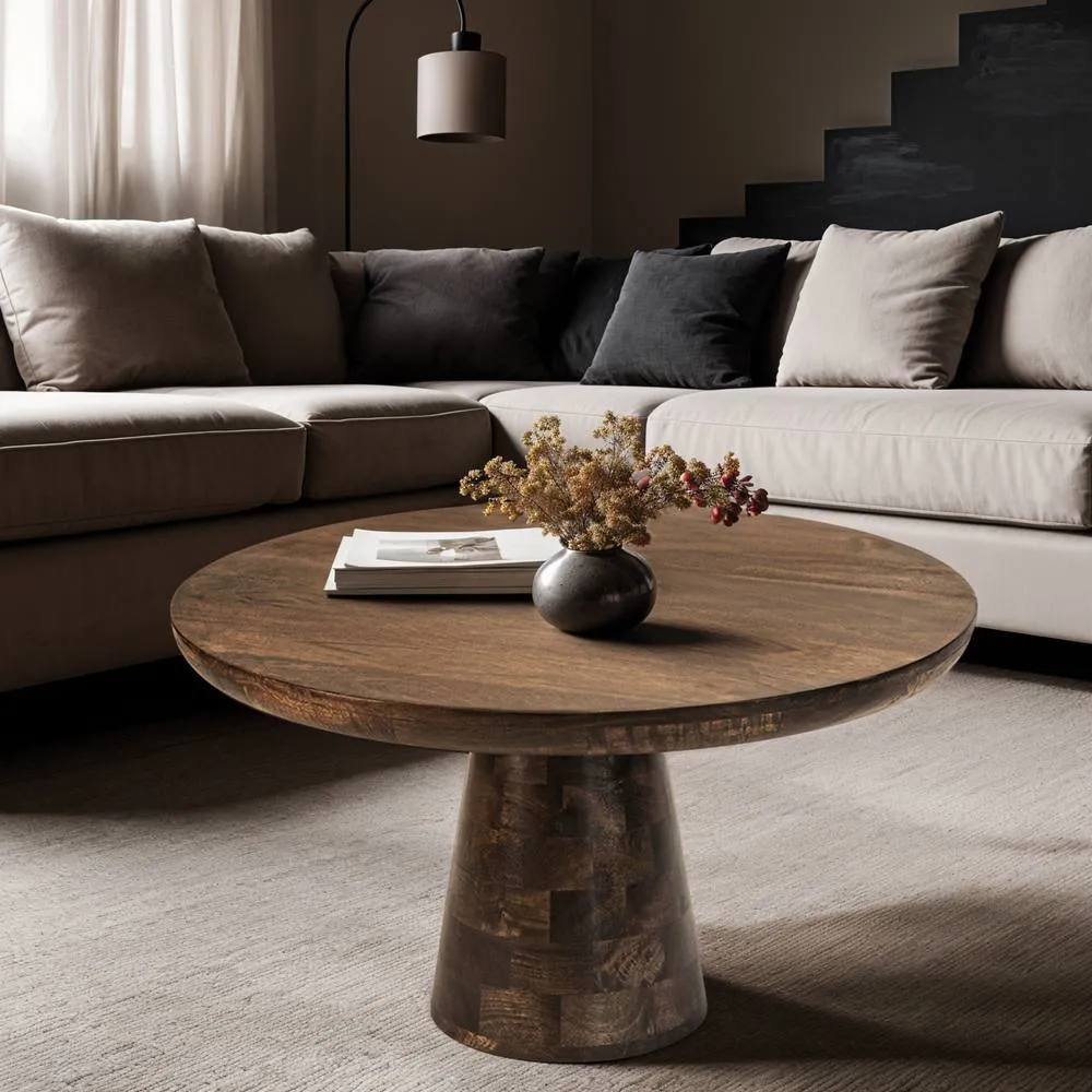 IH Design Natural Solid Dark Mango Wood Round Coffee Table Living Room in Brown 3