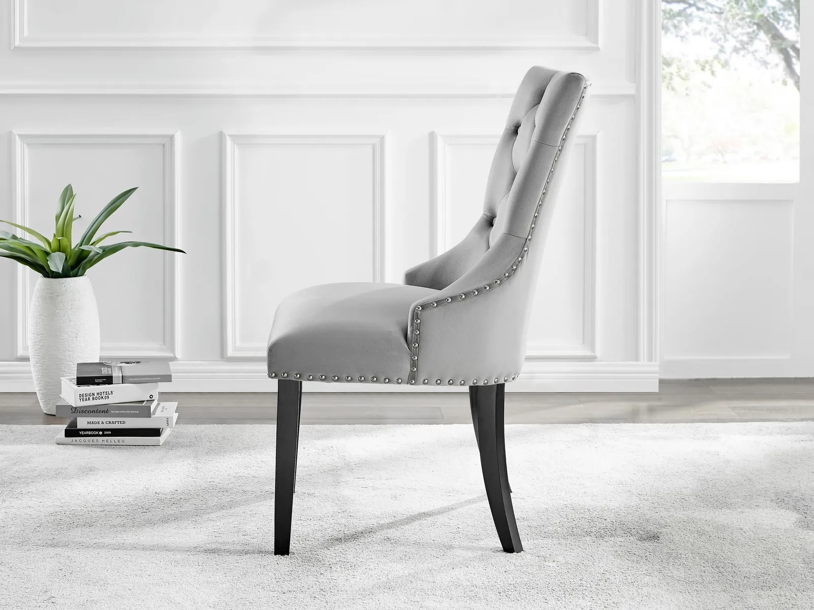 FurnitureboxUK Set of 2 Belgravia Deep Padded Soft Velvet & Chrome Knockerback Dining Chairs With Black Powder Coated Legs in Grey 3