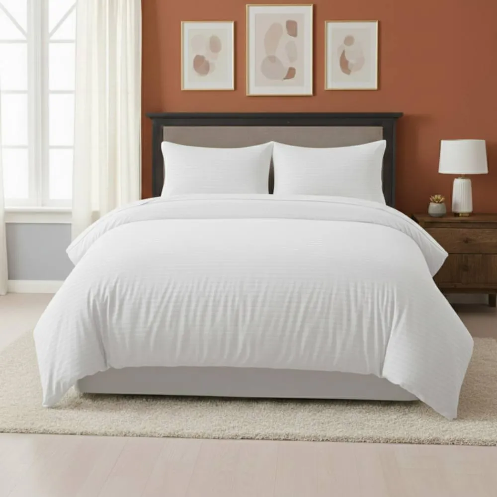 Snug City Embossed Stripe Duvet Cover Soft Microfibre Bedding with Pillowcases in White