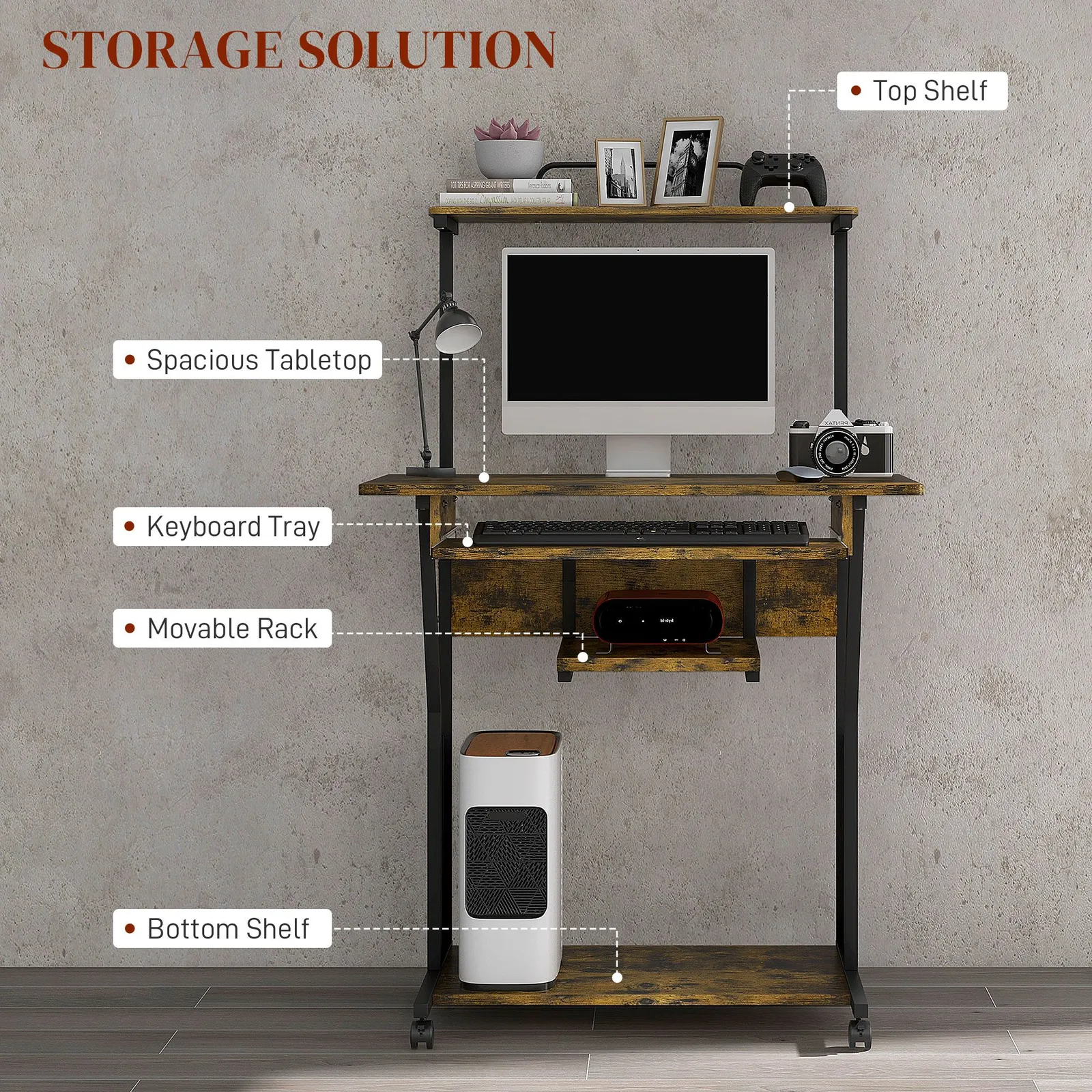 HOMCOM Mobile Computer Desk Industrial Study Table with Storage Shelves in Dark Brown 4