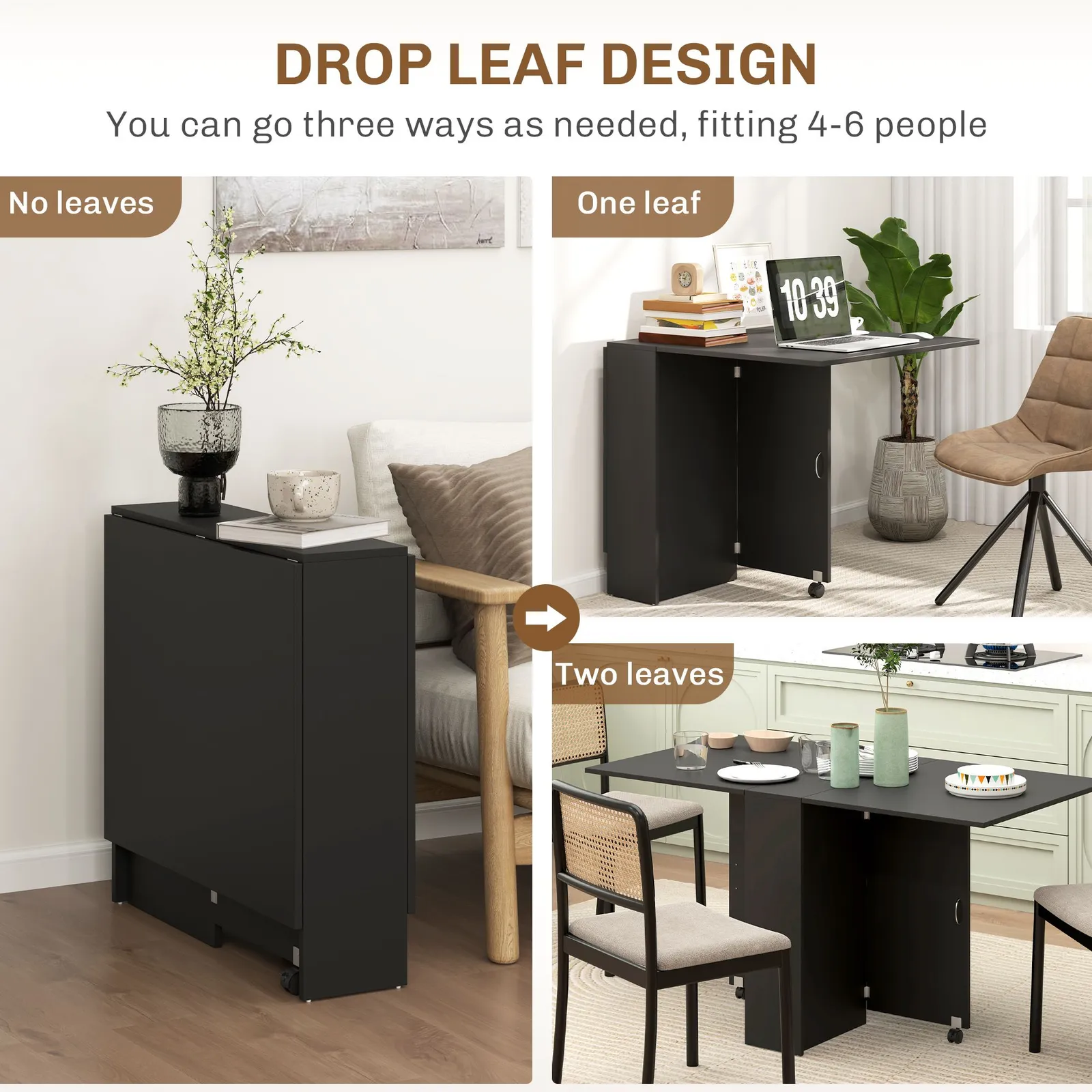 HOMCOM 80-140 cm Folding Dining Table for 4-6 Drop Leaf Table in Black 4