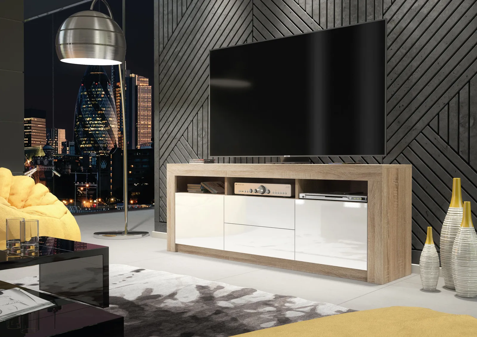 Creative Furniture TV Unit 160cm Modern - Oak with High Gloss White Doors in Light Oak 2