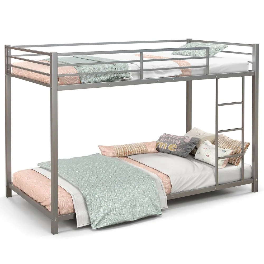 Costway Single Metal Bunk Bed Floor Bed Frame w/Ladder &Full-length Guardrails in Silver 3
