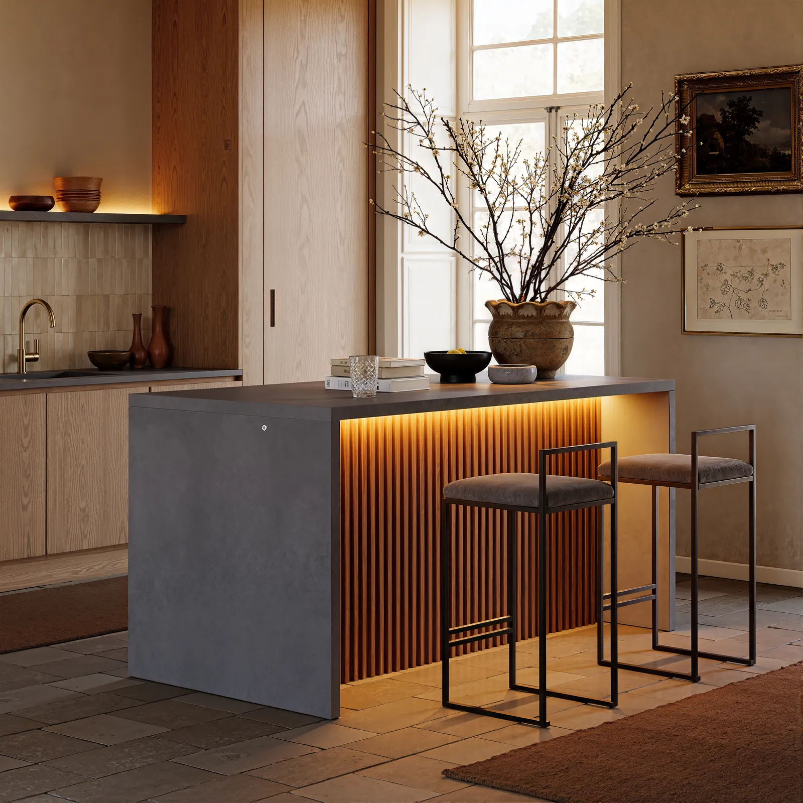 180 cm  Modern Waterfall Kitchen lsland with Light & Storage