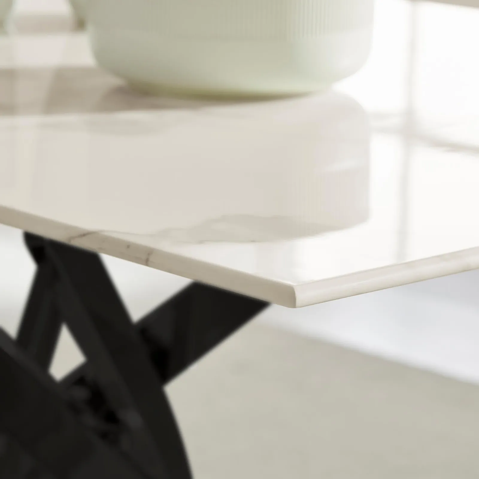 FurnitureboxUK Leonardo 6-Seater Dining Table With Marble Effect Glass Top & Black Metal Legs in White 4