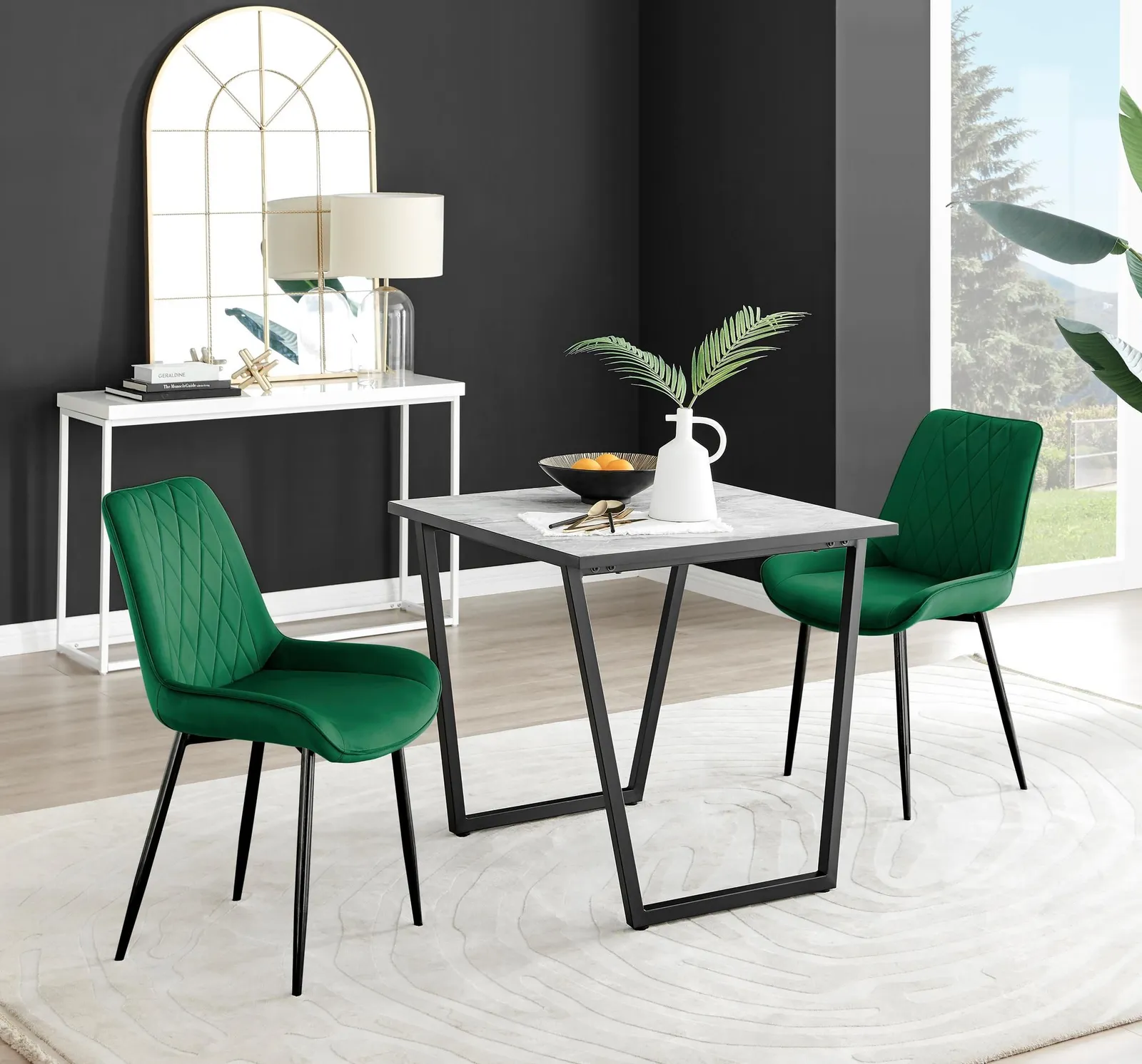 FurnitureboxUK Carson White Marble Effect Square Dining Table & 2 Velvet Pesaro Black Leg Chairs in Green