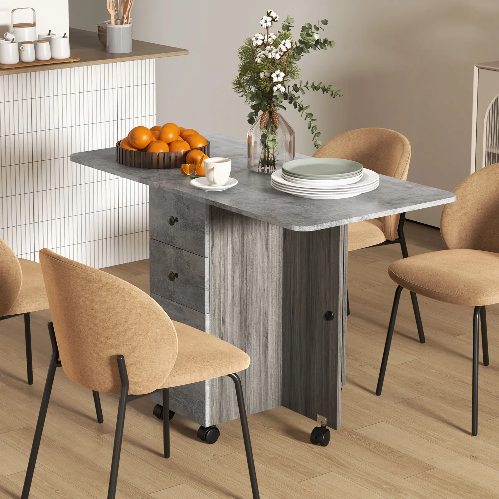 HOMCOM Folding Dining Table, Drop Leaf Table With Storage Drawers in Mid Grey 1
