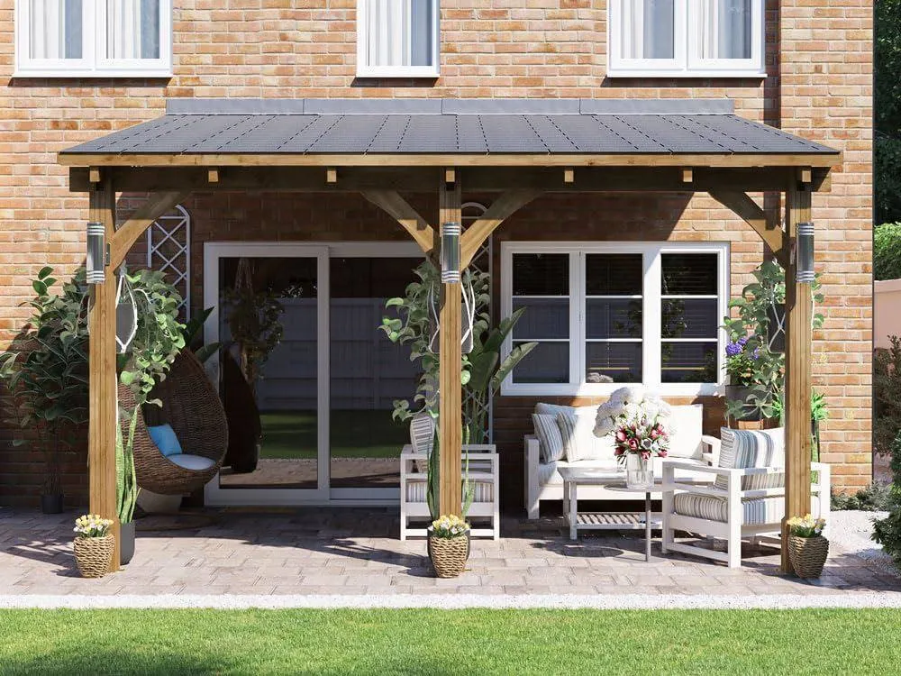 Dunster House Lean To Wooden Gazebo Canopy with Shingles 4m x 3m - Leviathan in Brown 4