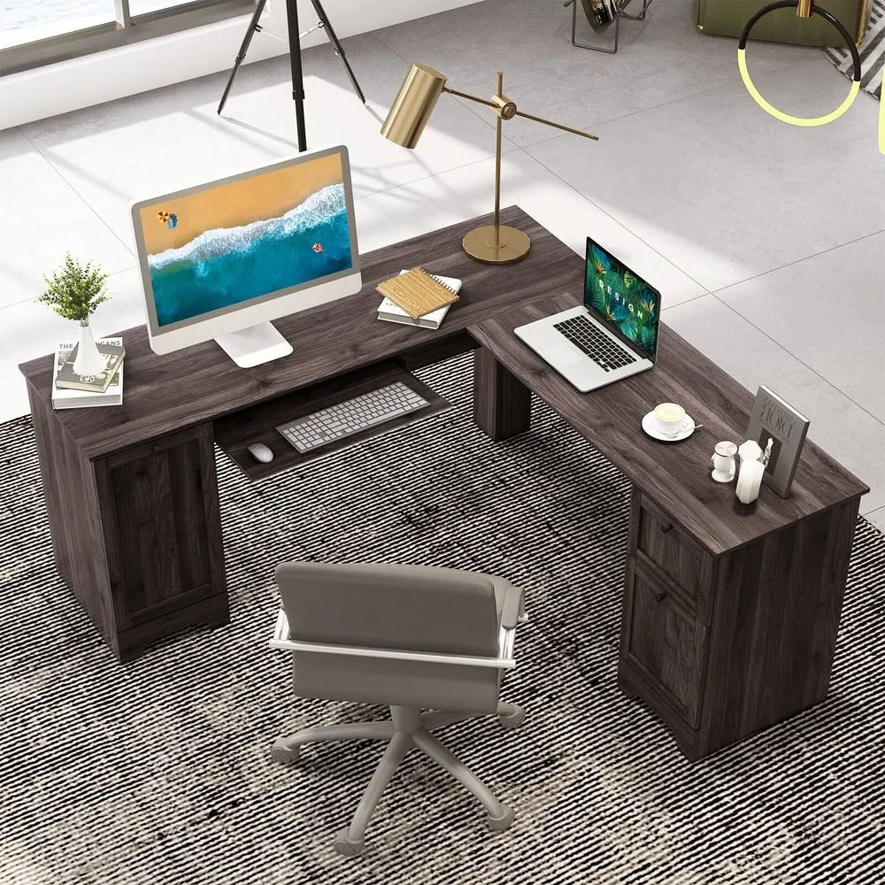 Costway L-Shaped Corner Computer Desk Study Workstation w/ Cabinet & Drawers in Dark Brown 4