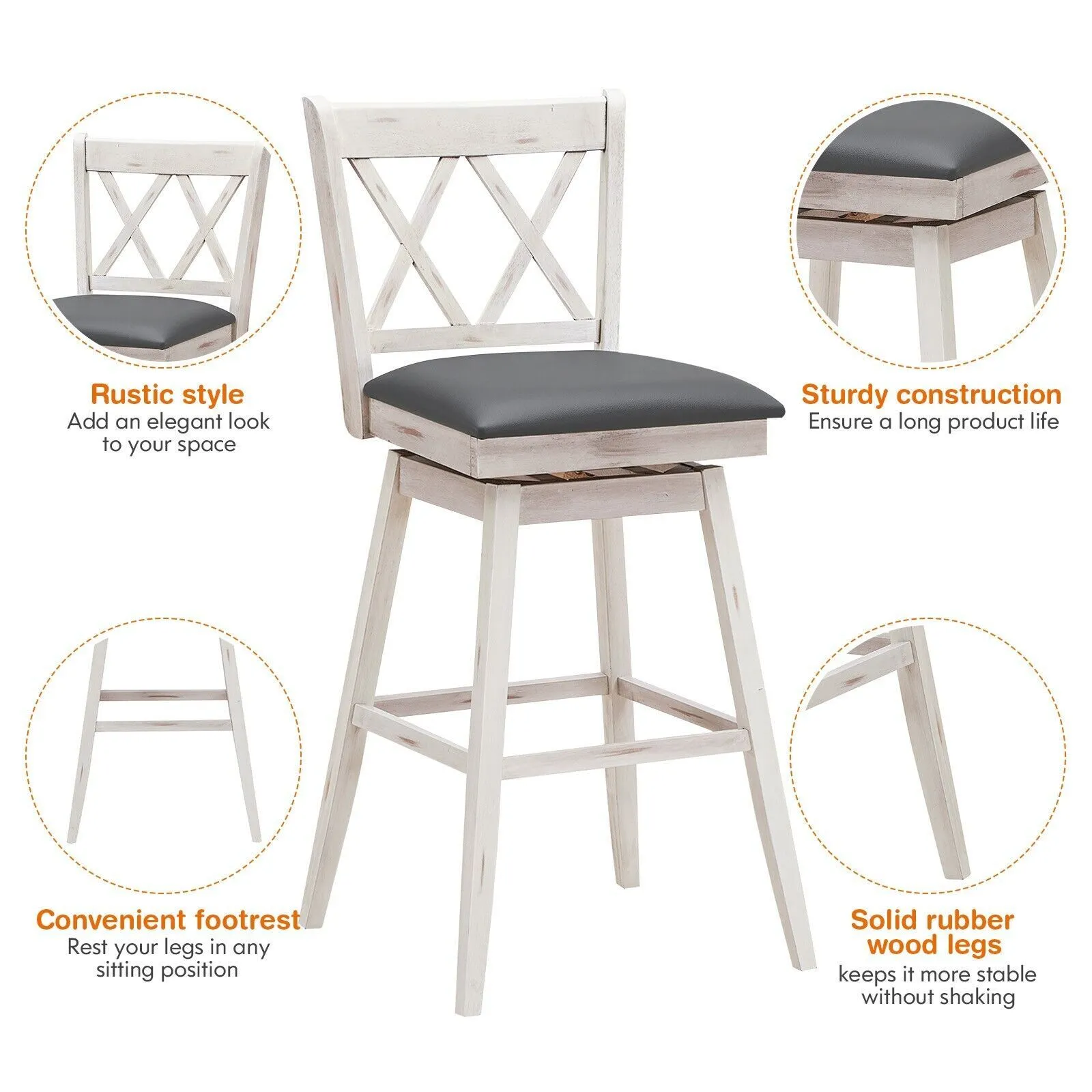 Costway Set of 2 Bar Stools Counter Height Chair Pub 360 Swiveling Upholstered Seat 29" 5