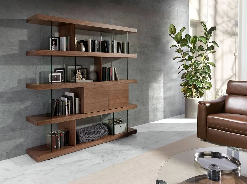 Angel Cerda Walnut Veneer Bookcase with Tempered Glass Sides in Brown 3