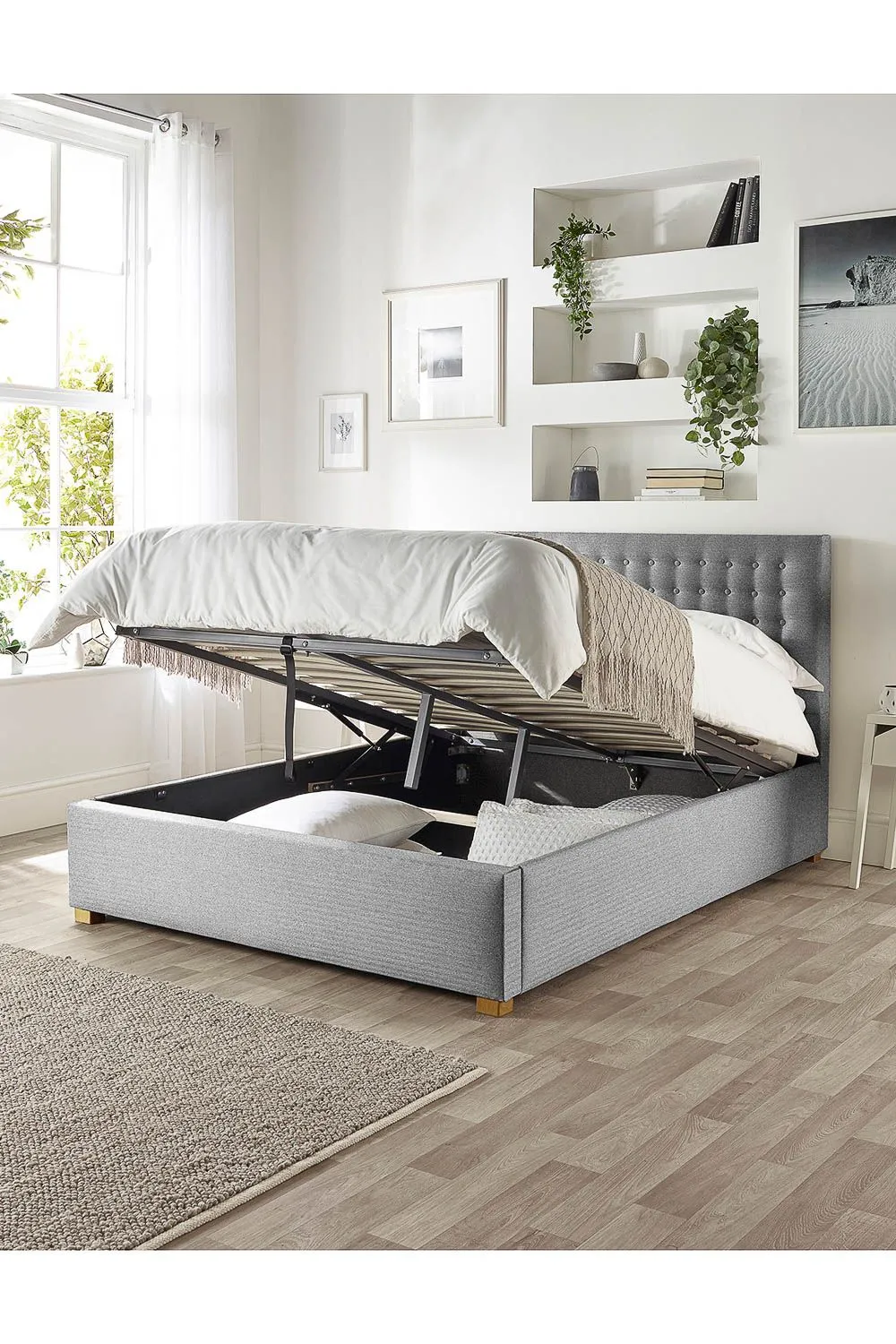 Catherine Lansfield Opulence Ottoman Storage Bed in Saxon Twill Fabric, Custom Made in Grey 3