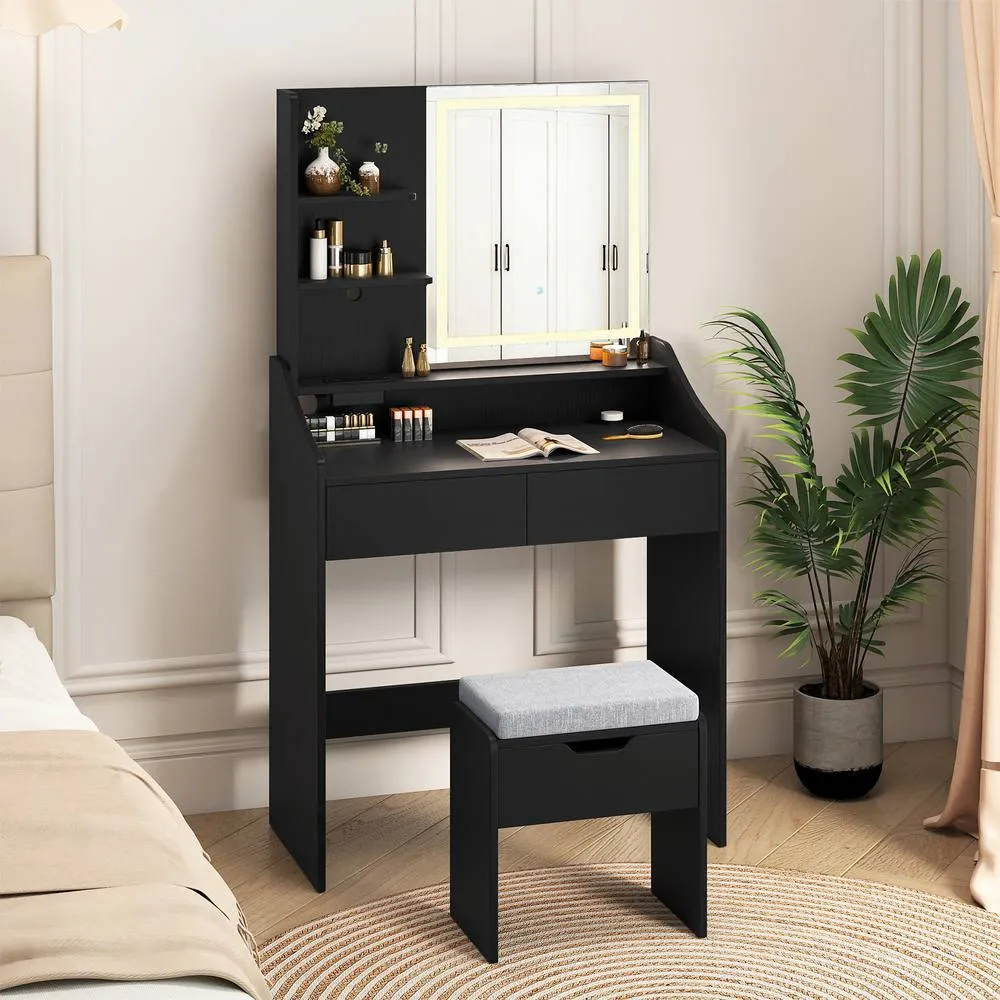 Costway Wooden Vanity Desk Set w/ Mirror & Lights Makeup Table w/Storage Stool in Black 3