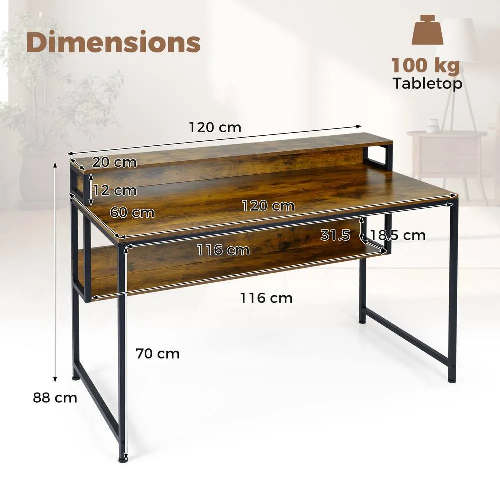Costway 120 CM Office Desk with Monitor Stand Computer Desk with Storage Shelf in Brown 2