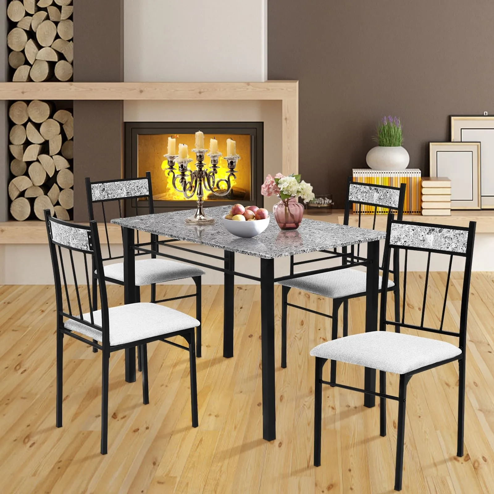 Costway Marble 5-piece Kitchen Dining Set Dining table w/Sponge Cushion-Grey in Grey 3