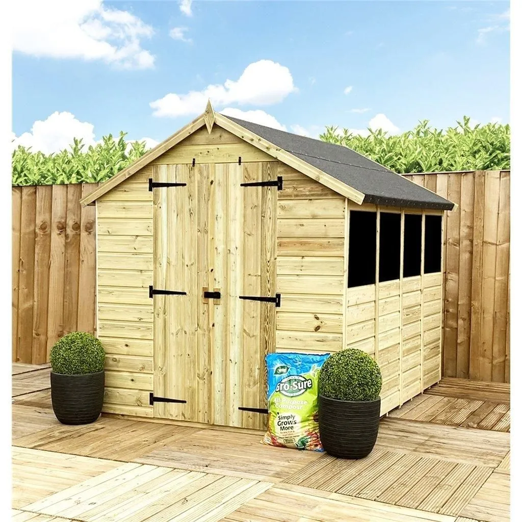 Marlborough 12 x 8 Pressure Treated Low Eaves Apex Garden Shed with Double Door in Natural