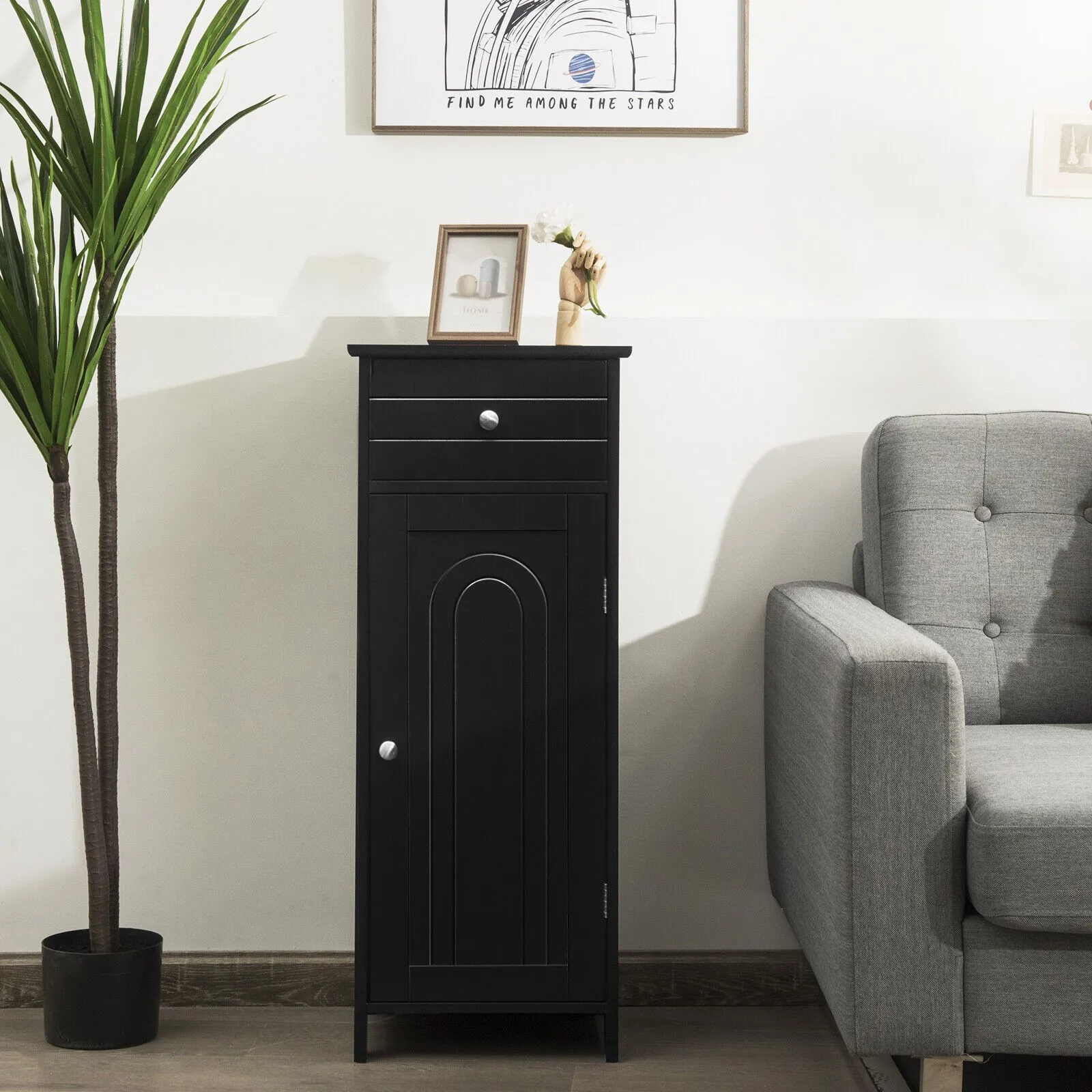 Costway Bathroom Wooden Storage Cabinet Floor Standing Cupboard w/ Single Door & Drawer in Black 3