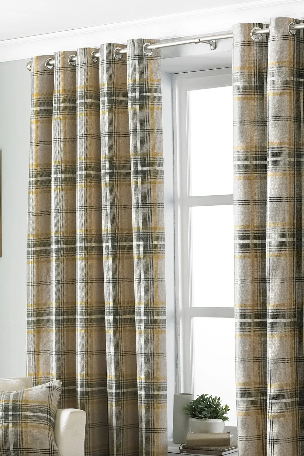 Paoletti Aviemore Tartan Faux Wool Eyelet Curtains in Yellow