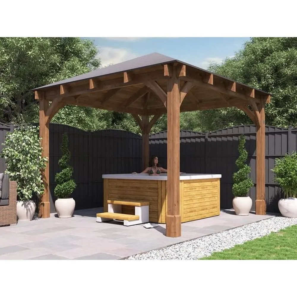 Dunster House Wooden Heavy Duty Gazebo 3x3m Pressure Treated Hot Tub, Roof Shingles, Leviathan in Brown 2