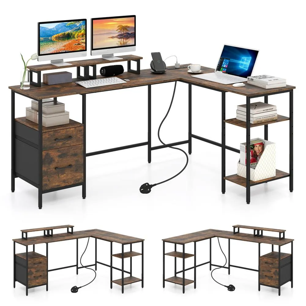 Costway L-shaped Desk with Power Outlets Reversible Corner Desk in Brown 1