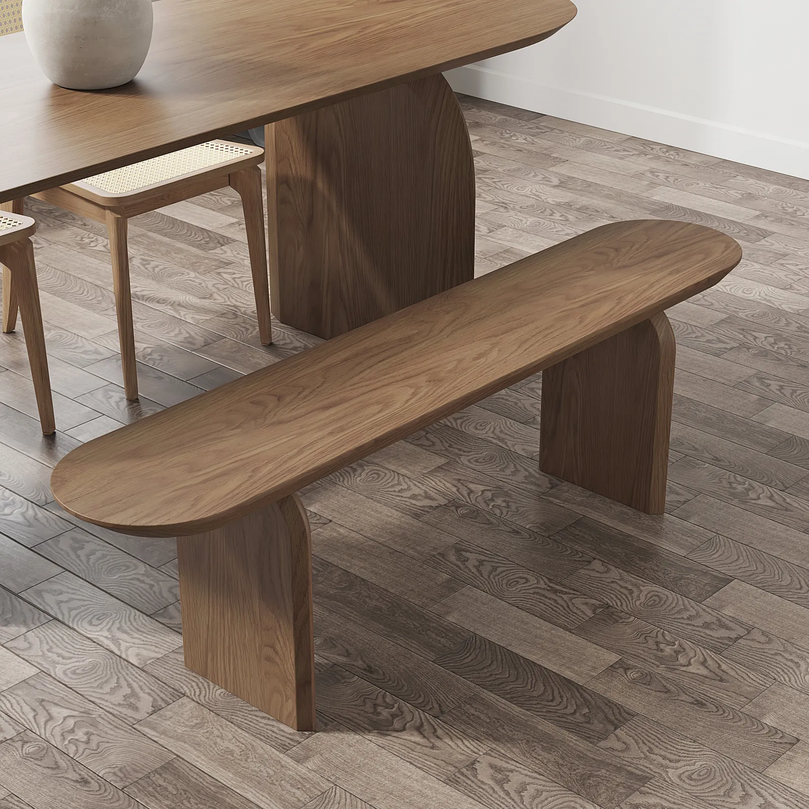 Tintica Japandi 59" Dining Bench Oval Solid Wood in Walnut Double Pedestals