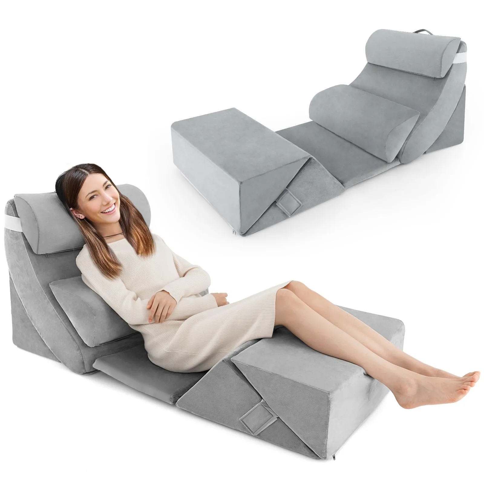 Costway 7 PCS Adjustable Support Pillow Set Bed Wedge Pillows Triangle Sit-up Pillow in Grey