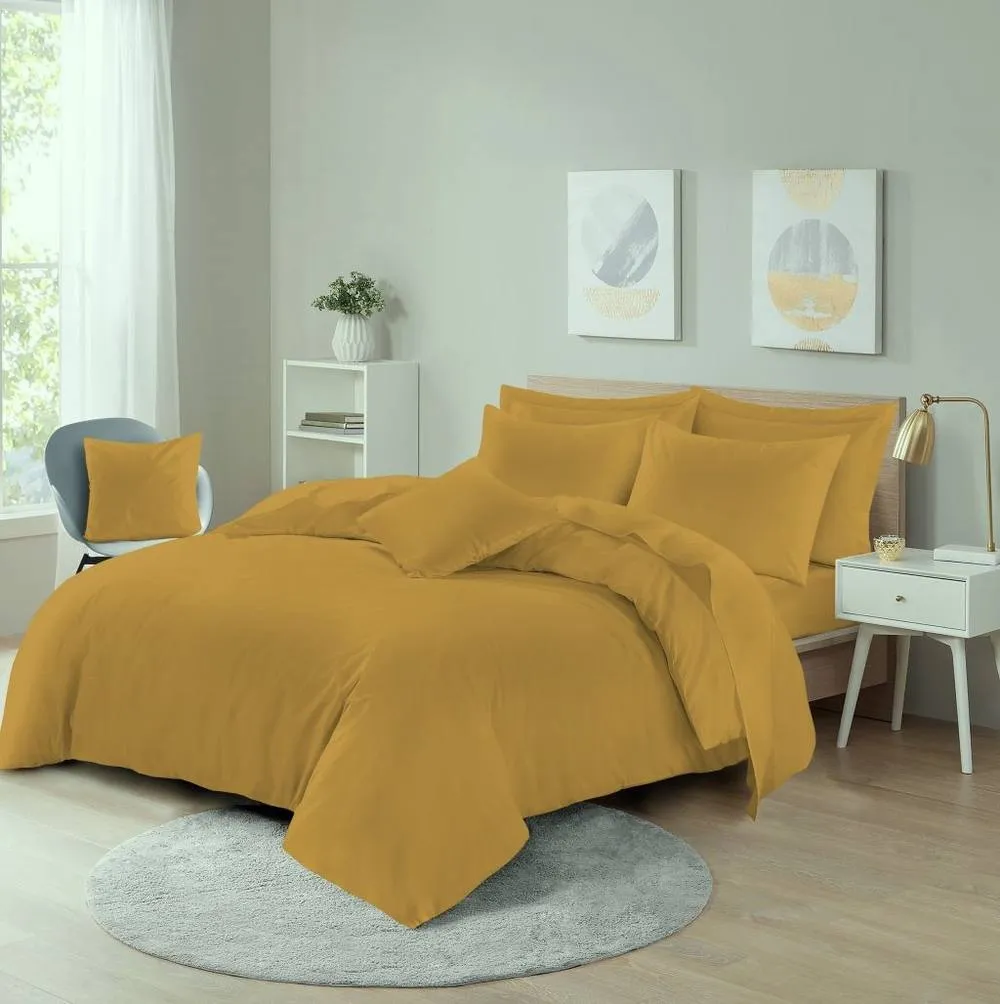 Homes-Linen Plain Dyed Polycotton Duvet Cover Set with Pillowcases in Mustard