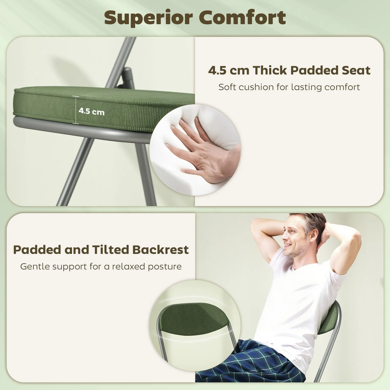 HOMCOM Folding Chairs Set of 4 with Cushioned Seat, Steel Frame in Green 4