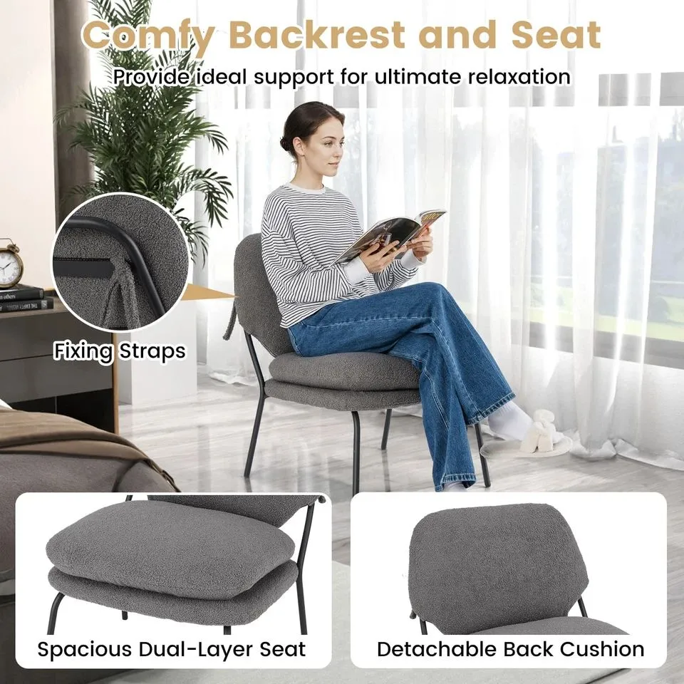 Costway Armless Accent Chair Teddy Fleece Fabric Upholstered Leisure Chair-Grey in Grey 5
