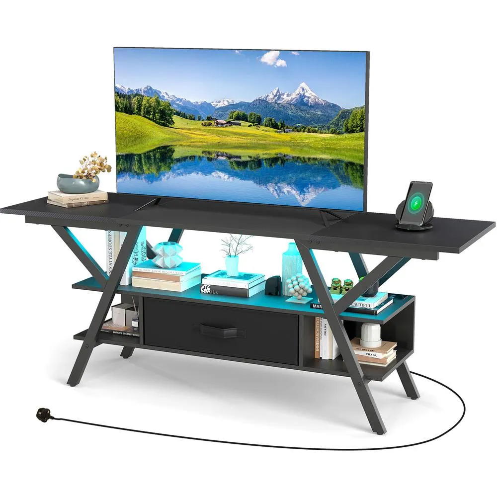 Costway TV Stand for 65" TVs 3-Tier Entertainment Center with LED Lights-Black in Black 6