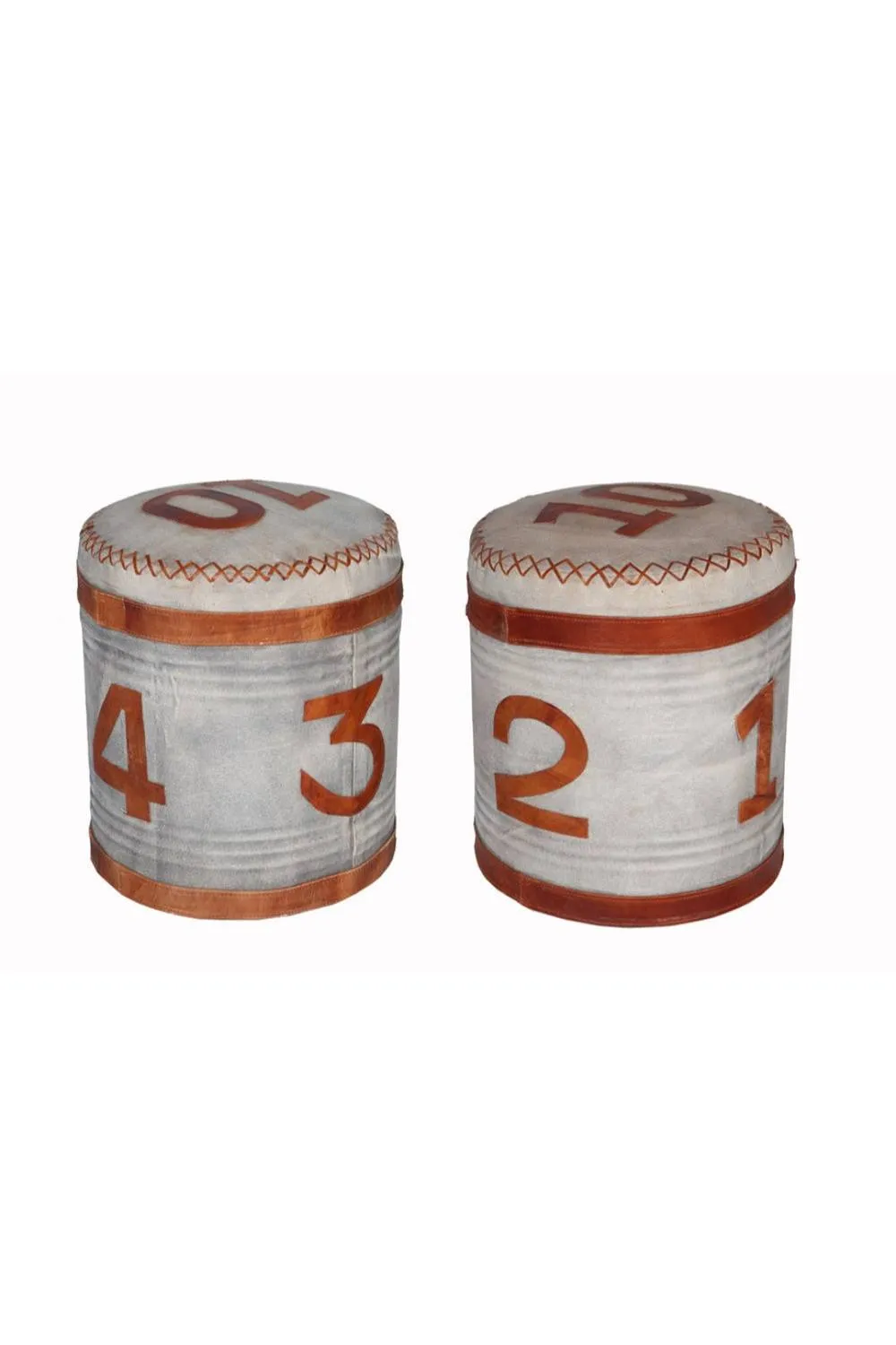 IH Design Stool Retro Canvas & Leather Ottoman Fully Assembled in Light Sand 2