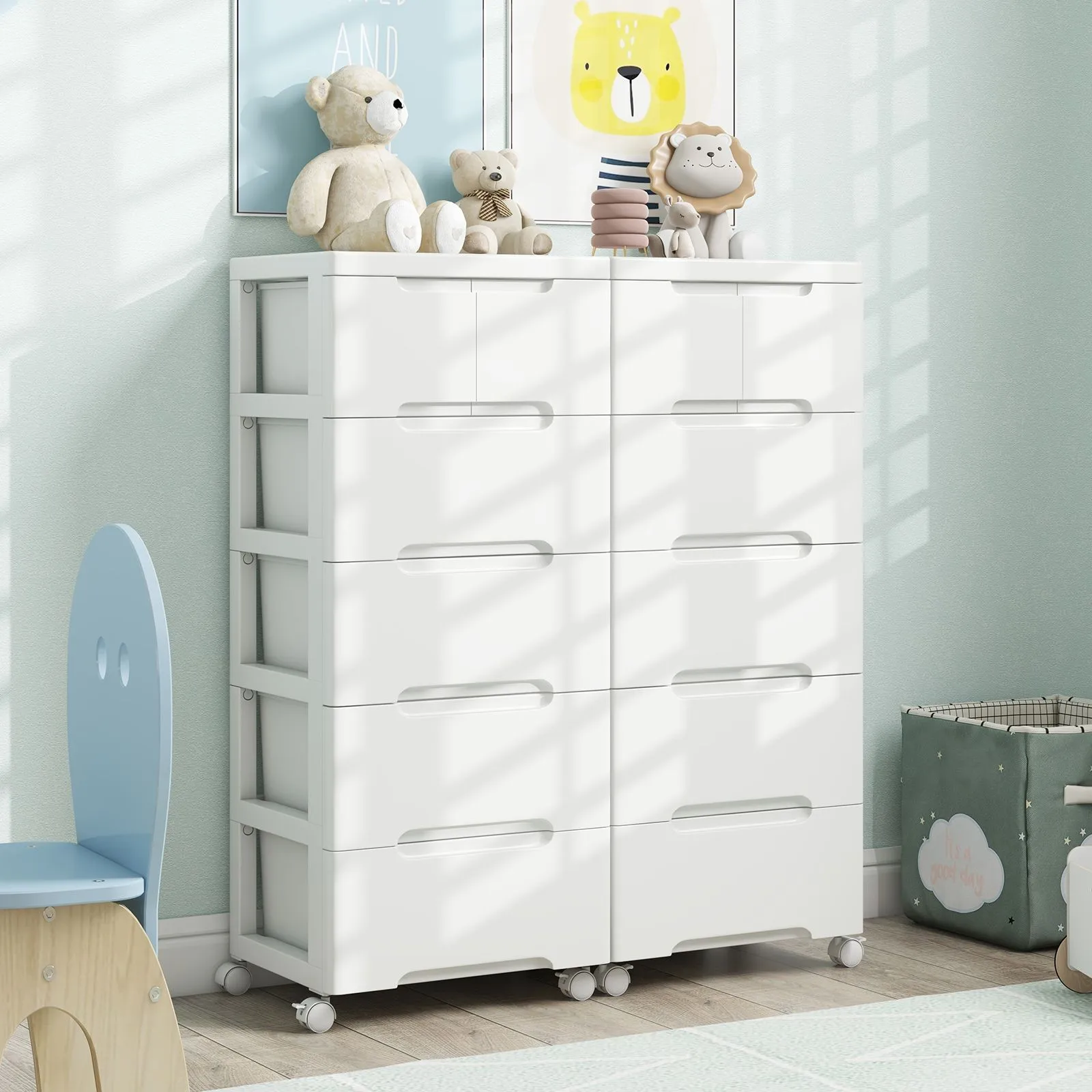 Costway 6-Drawer Rolling Cabinet Plastic Storage Cart 5-tier Drawer Dresser w/ Wheels in White 4