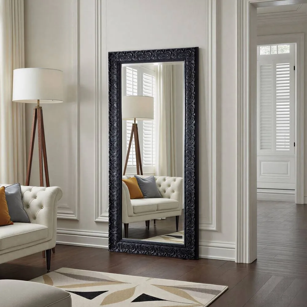 Yearn Mirrors Carved Framed Bevelled Full Length Mirror Black 169x77cm 3
