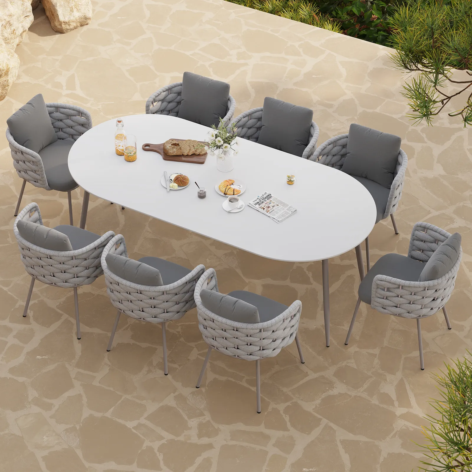 9 Pieces 2134 mm Outdoor Sintered Stone Top Dining Table Set with Rope Woven Armchairs