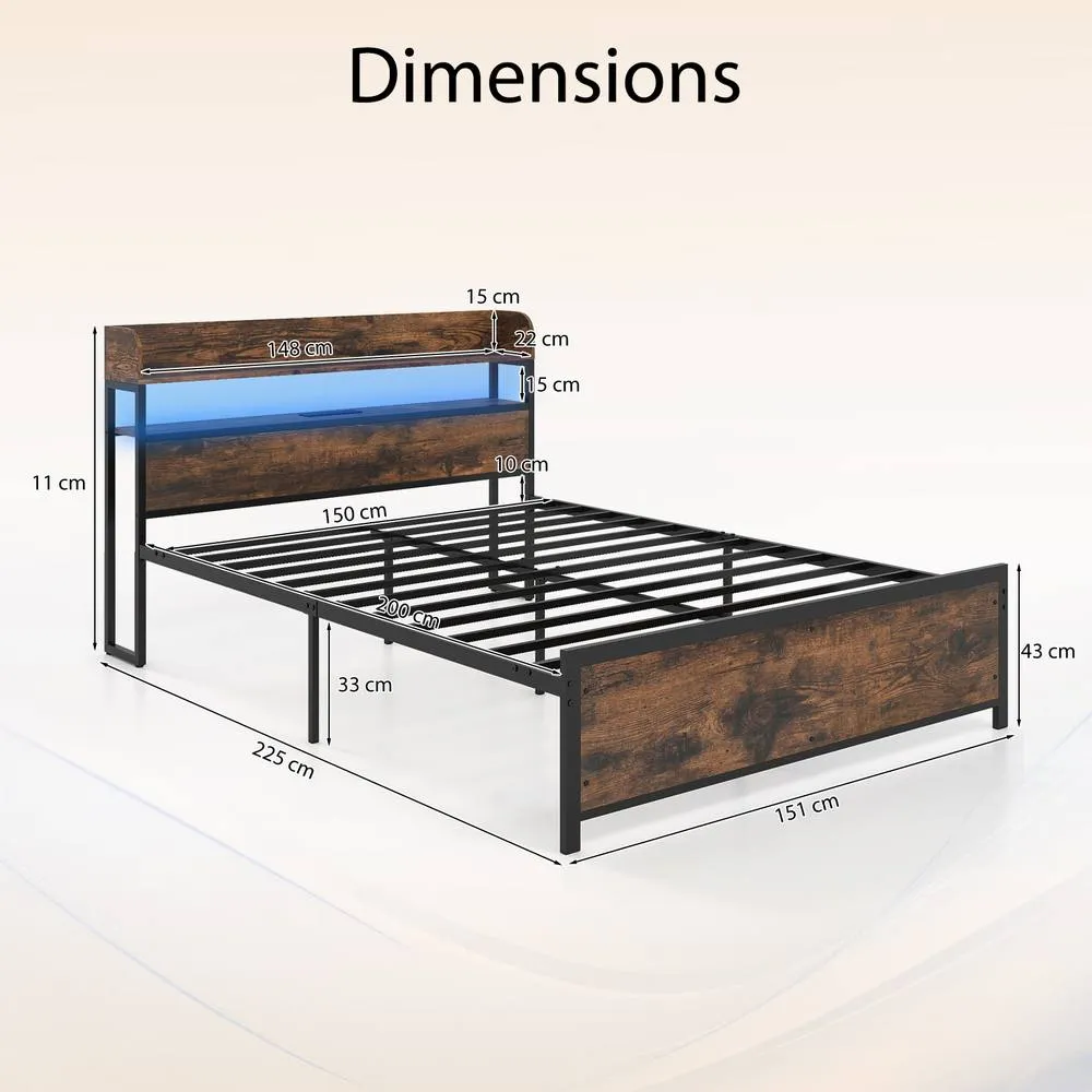 Costway King Size Platform Bed Bed Frame with LED Lights & Power Outlets in Brown 2