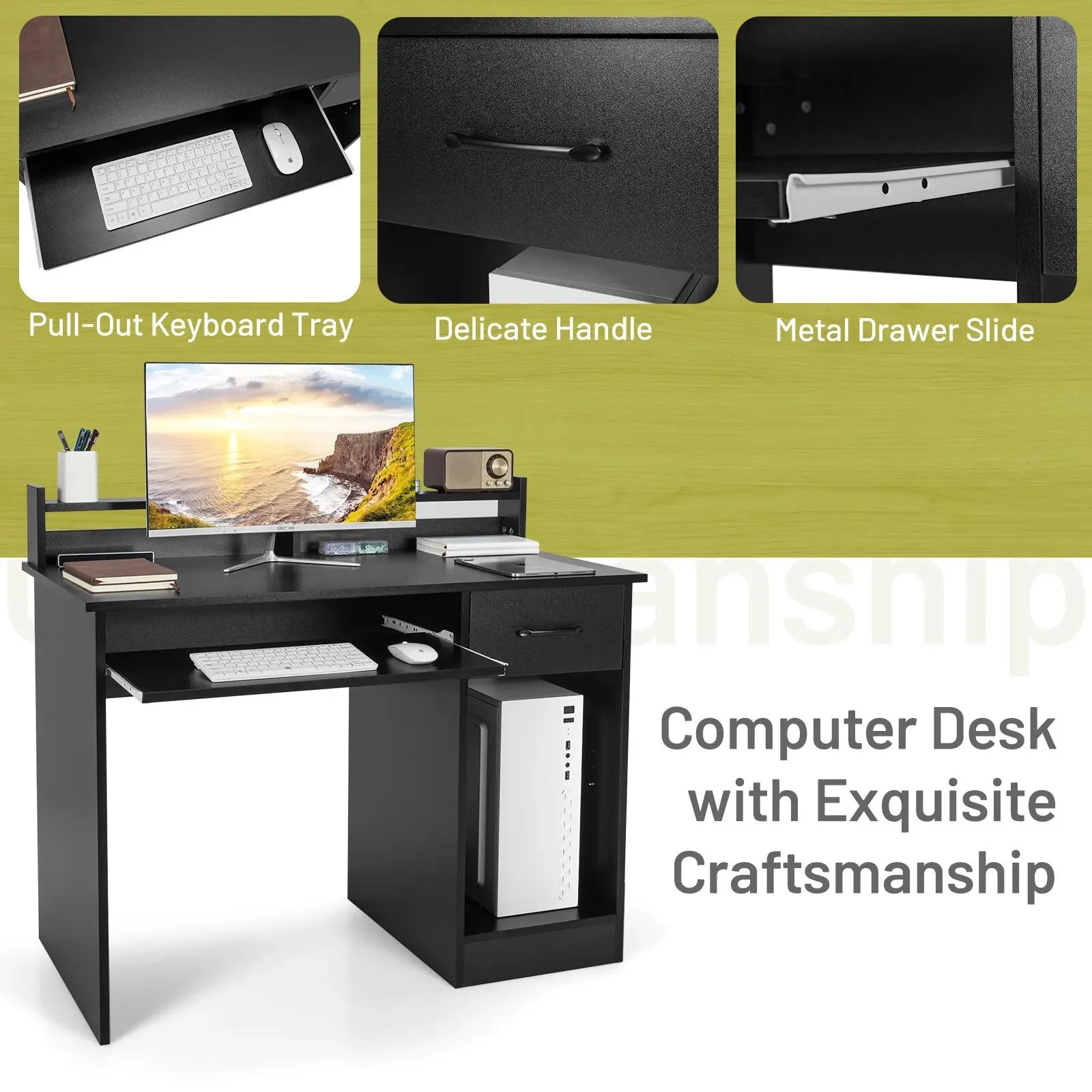 Costway Wooden Computer Desk W/ Keyboard Tray Writing Workstation Vanity Dressing Table in Black 5